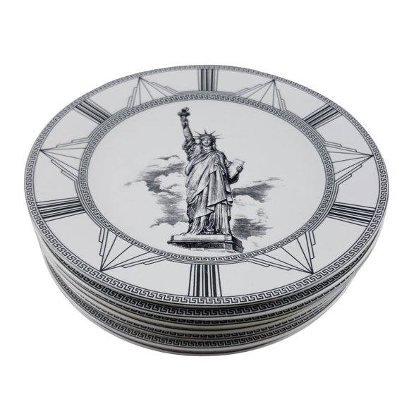Royal Norfolk Statue of Liberty Art Deco Salad Dessert Plates Set 7 Unused - Picture 1 of 7